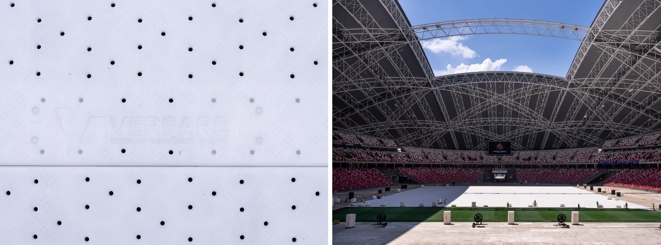 A close up view of the EverBase non-slip surface, and the scale of the flooring installed in a large stadium