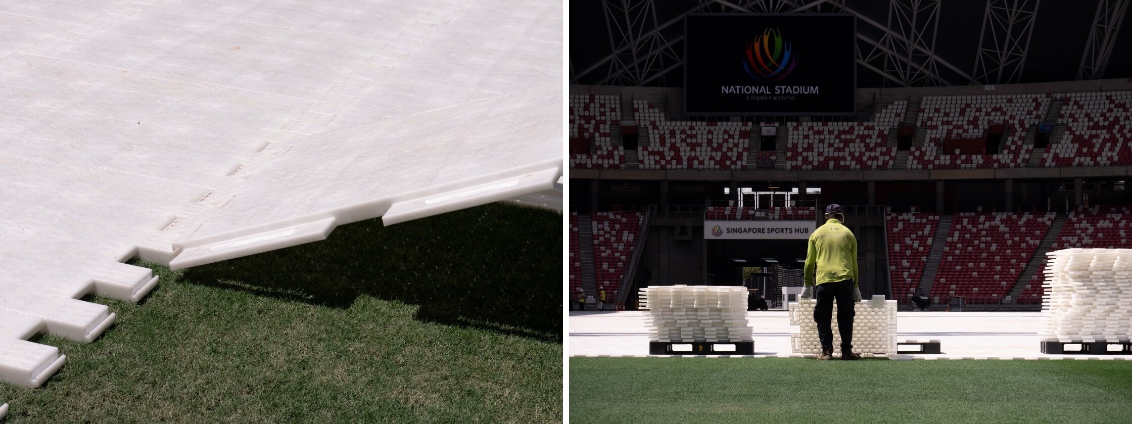 EverBase Flooring interlocks for a quick installation by a worker on the stadium field