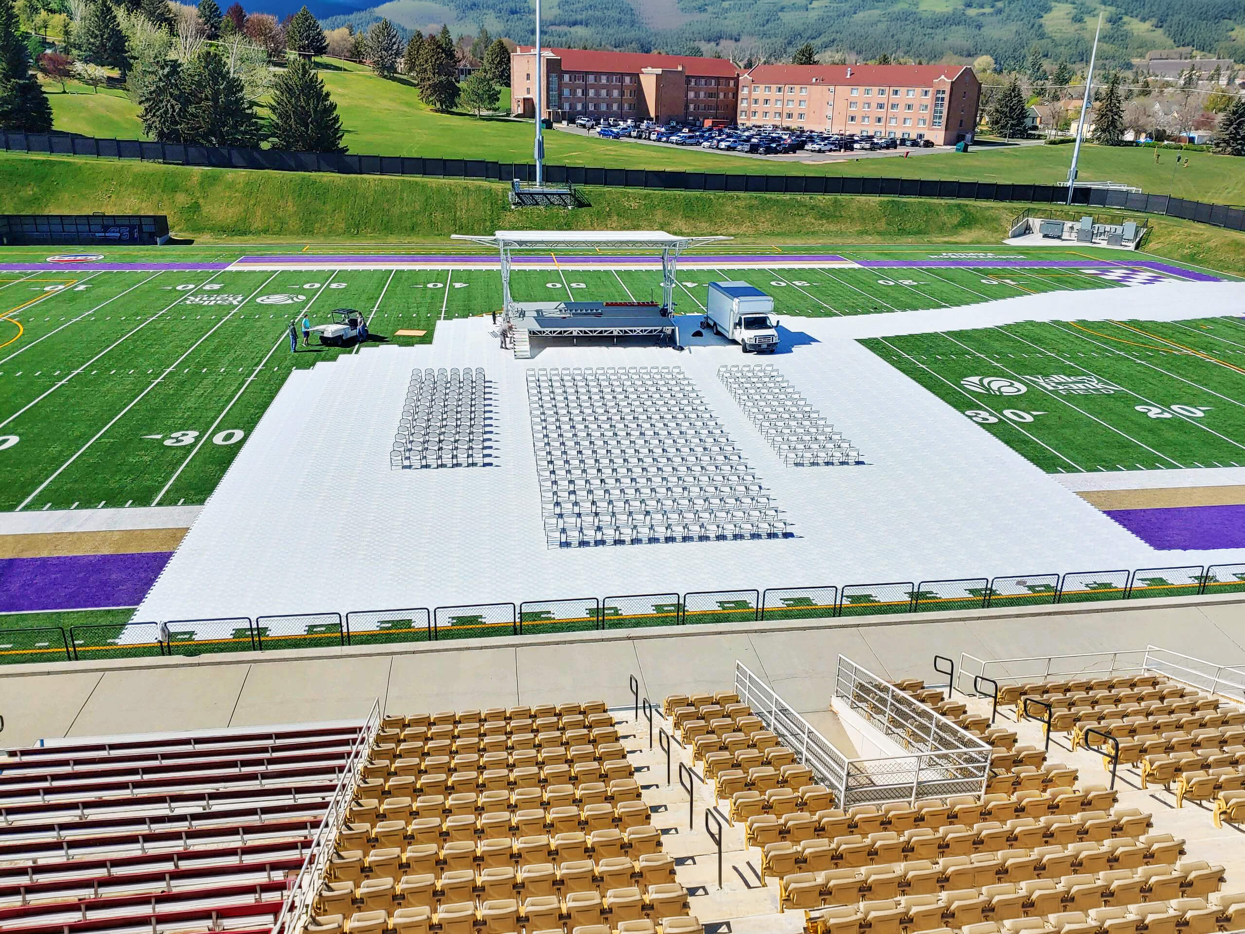 EverBase® 4 stadium flooring protects Nelson Stadium’s synthetic turf from vehicles, staging, and heavy foot traffic and supports hosting events